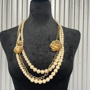 Ann Taylor Layered Pearl Necklace Gold Floral Statement Chain Bold Retro Jewelry